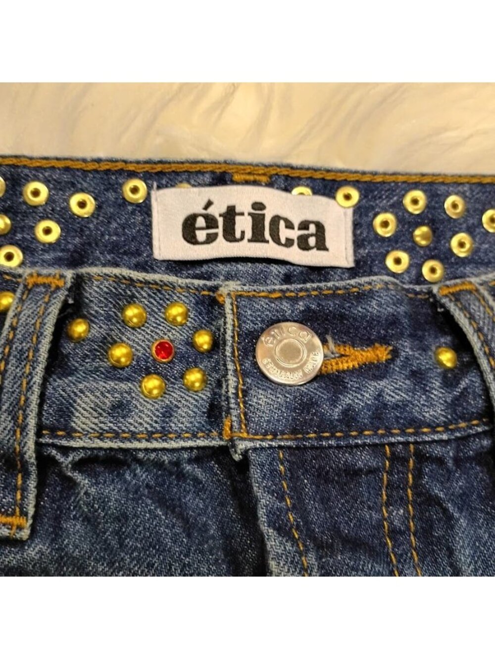 Ética Womens Denim Mini Skirt Blue Size 24 Organic Cotton Studded Frayed Hem New - Picture 5 of 15